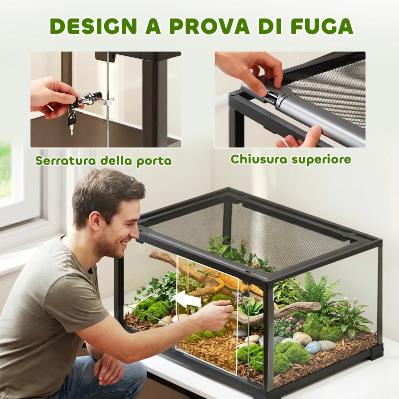 PawHut Rettilario Rialzato con Doppia Serratura e Pareti in Vetro, 60x45x32 cm, Nero