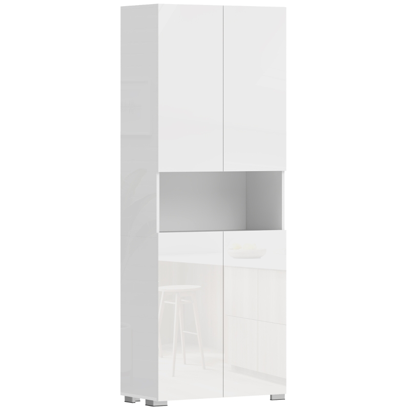 HOMCOM Buffet haut cuisine, armoire de cuisine, 4 portes à fermeture douce et étagères réglables, 68x34x180cm, blanc brillant