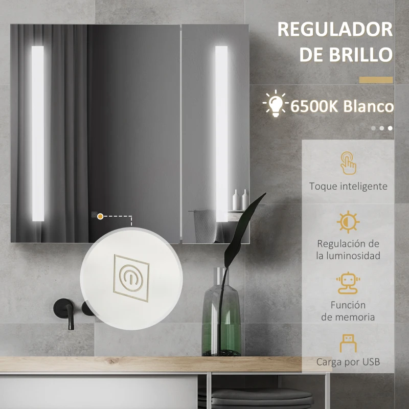 kleankin Armario con Espejo de Baño con Luz LED Mueble de Baño Colgante con Interruptor Táctil 70x15x65cm Blanco