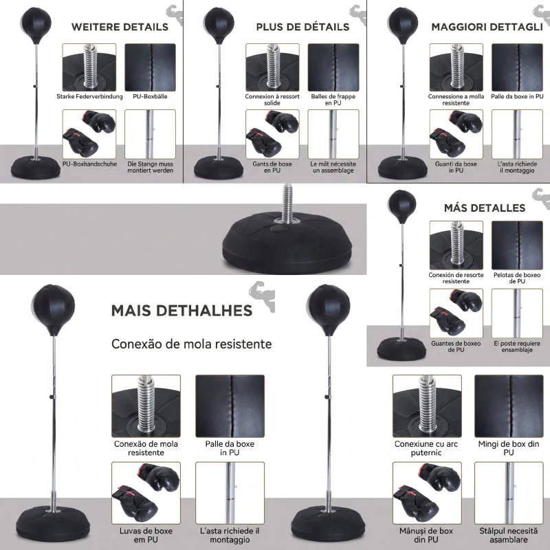 HOMCOM Punching Ball de podea cu mănuși, înălțime reglabilă 126-144 cm și bază umplută, negru