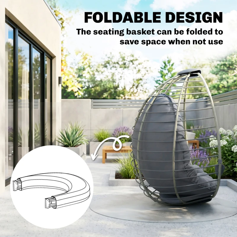 Outsunny PE Rattan Swing Chair, Outdoor Hanging Chair with Metal Stand, Thick Padded Cushion, Foldable Basket and Cup Holder, for Indoor and Outdoor, Grey