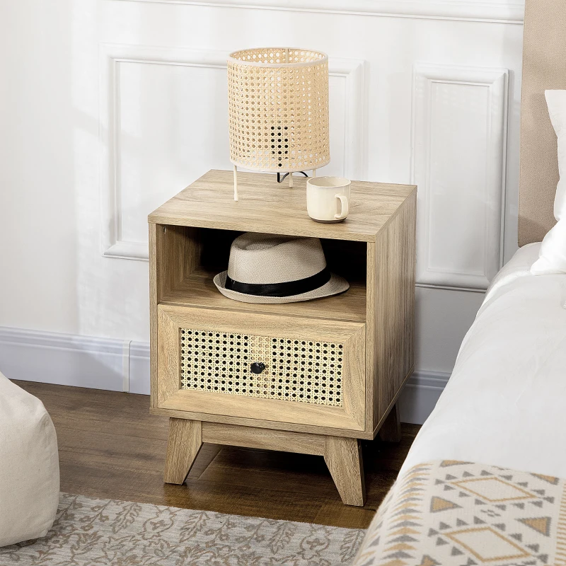HOMCOM Table de chevet  table de nuit avec tiroir porte cannage et niche vintage 45 x 39 x 56,5 cm