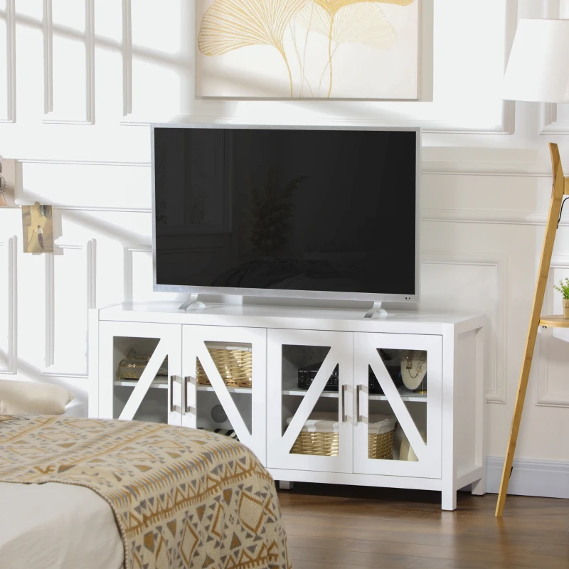 HOMCOM Mueble TV de Salón Mesa para Televisores de hasta 58" con 4 Puertas de Vidrio Estantes Ajustables 130x35x60 cm Blanco