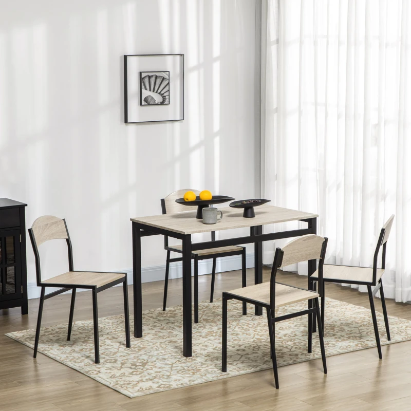 HOMCOM Conjunto de Mesa y 4 Sillas de Comedor para 4 Personas, Estilo Moderno con Estructura Metálica, Roble y Negro