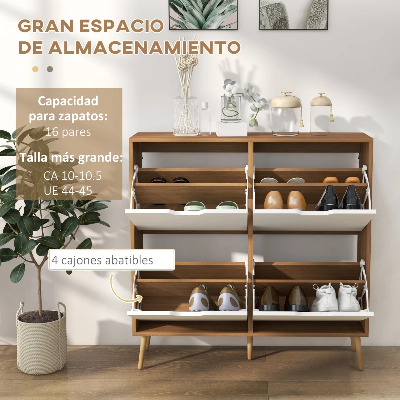 HOMCOM Mobile Scarpiera in Truciolato e Pino con 4 Cassetti e 2 Ripiani Regolabili per ogni Cassetto, 95x26x95 cm