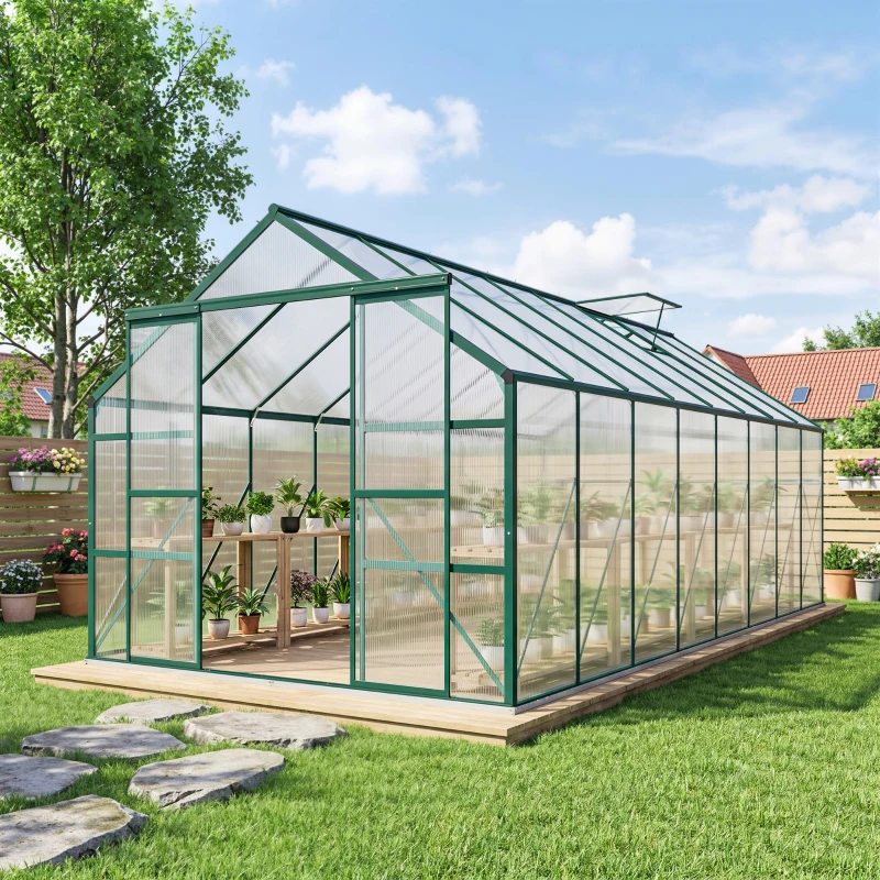 Outsunny Serra da Giardino in Policarbonato, Metallo e Alluminio, Anti-UV e Antivento, 244x500x216cm, Verde