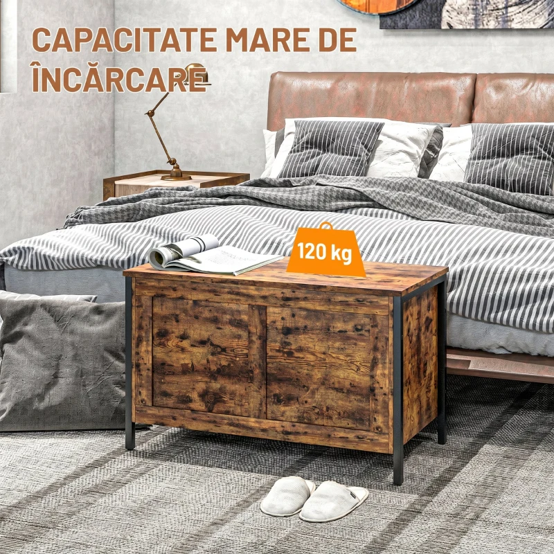 HOMCOM Ladă de depozitare din lemn de 95L, stil industrial, cu capac și balama de siguranță, 80x40x49cm, maro