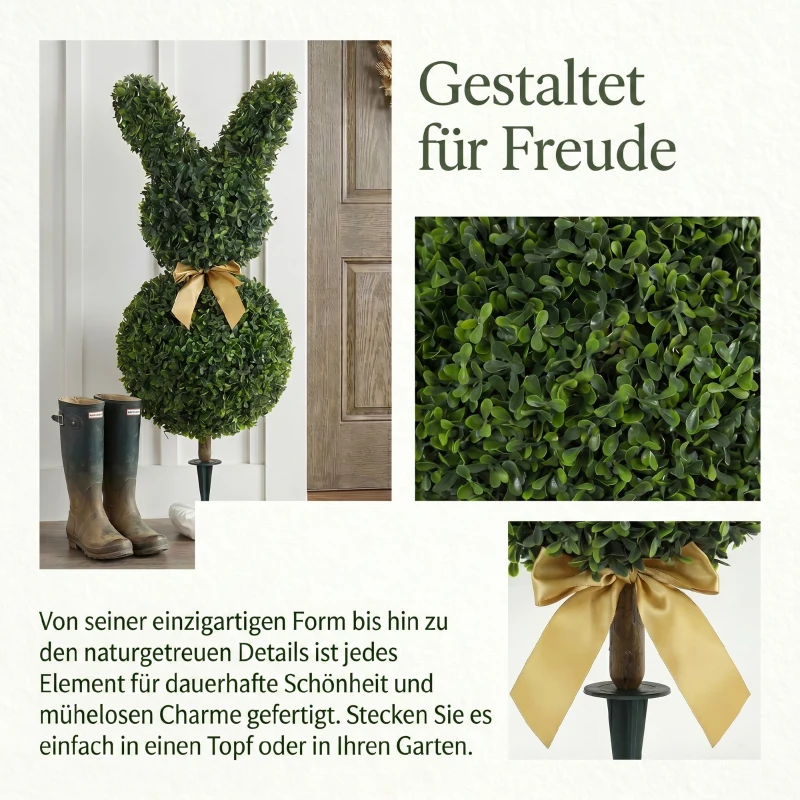 HOMCOM Künstlicher Buchsbaum in Hasenform, 740 Blätter, Kunstpflanze für Innen- und Außenbereich, mit Bodenanker, 83 cm, Grün