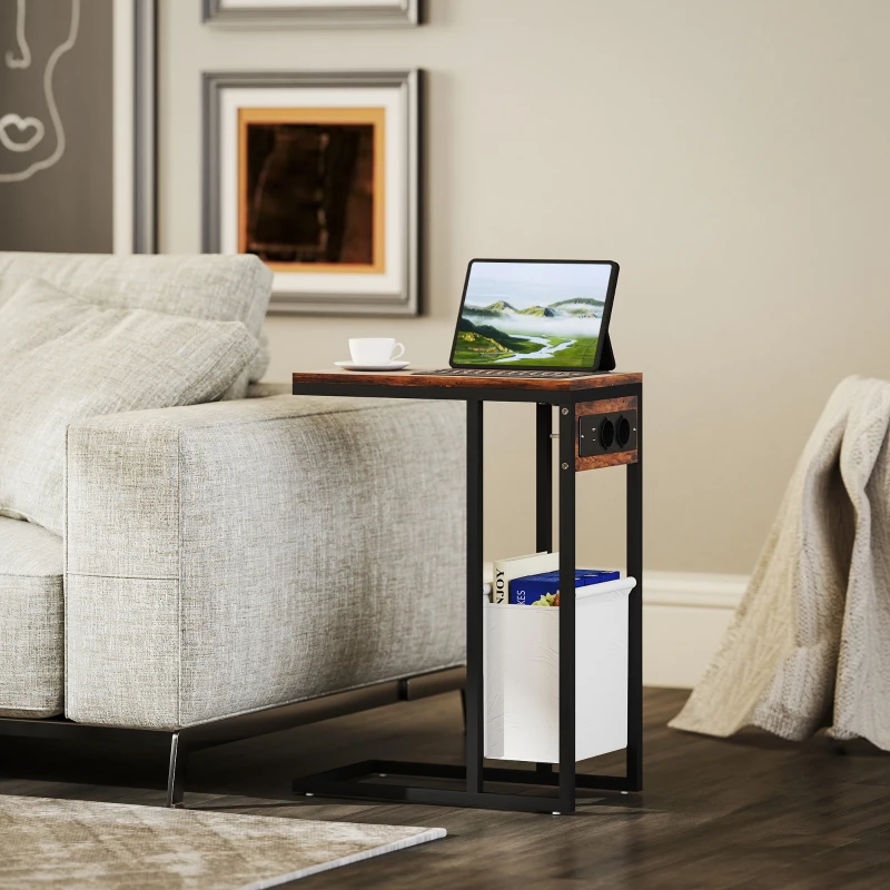 HOMCOM Beistelltisch mit Steckdosen, USB-Anschlüssen, Kabel, C-förmiges Design