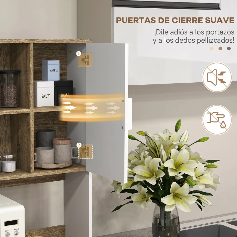 HOMCOM Alacena de Cocina Alta con 4 Puertas Estantes Ajustables Cajón Compartimentos Abiertos 98x39x180 cm Blanco y Natural