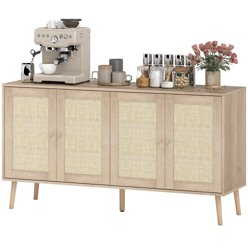 HOMCOM Buffet para sala móvel de arrumação armários com portas em palhinha e prateleira regulável 140 x 40 x 75 cm efeito madeira natural