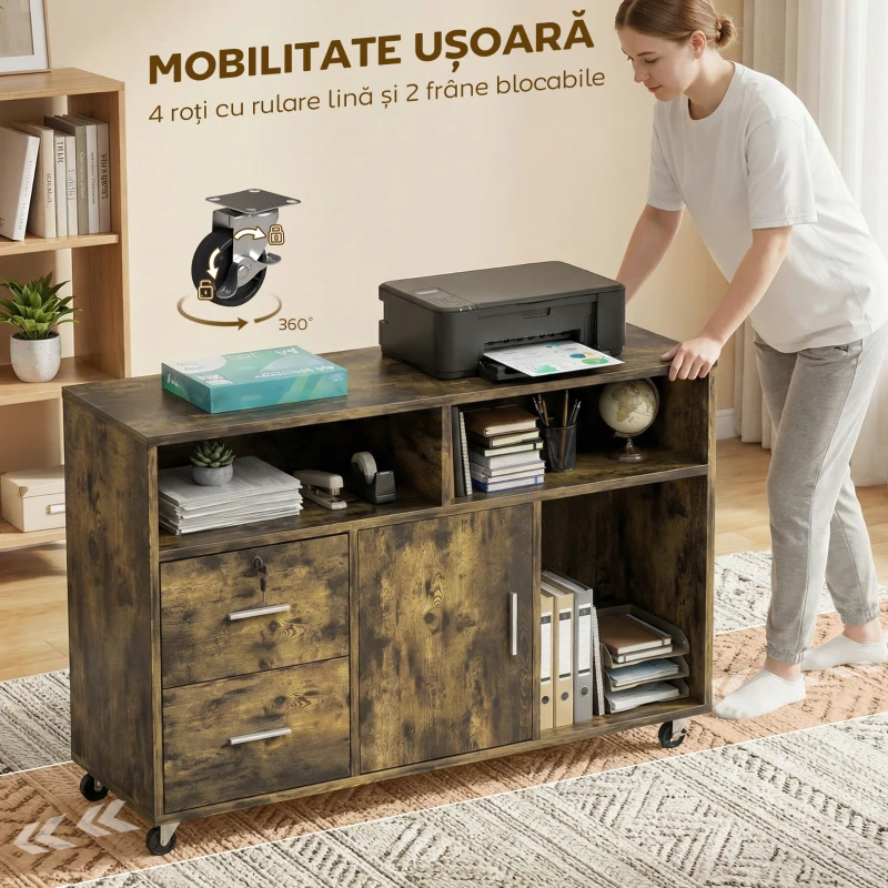 HOMCOM Dulap pentru Imprimantă pe Roți cu 2 Sertare cu Încuietoare, 3 Rafturi și Dulap, Dulap pentru Documente de Birou și Studio, 100x35x65 cm, Maro Rustic