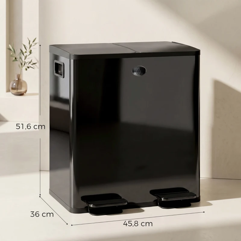 HOMCOM 2 x 20 L Doppelmülleimer, Pedalöffnung, leicht zu reinigen, Edelstahl, Kunststoff, Schwarz