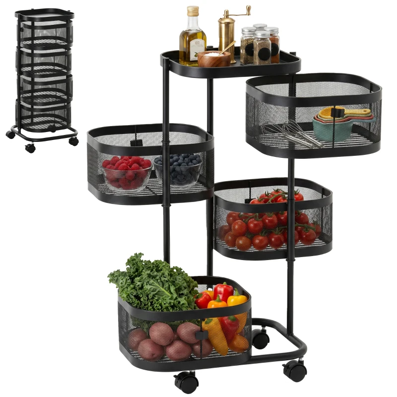 HOMCOM Servierwagen mit 4 Ebenen drehbar Küchenwagen mit Rollen Drahtkorb Rollwagen mit oberen Regal 33x33x77 cm Schwarz