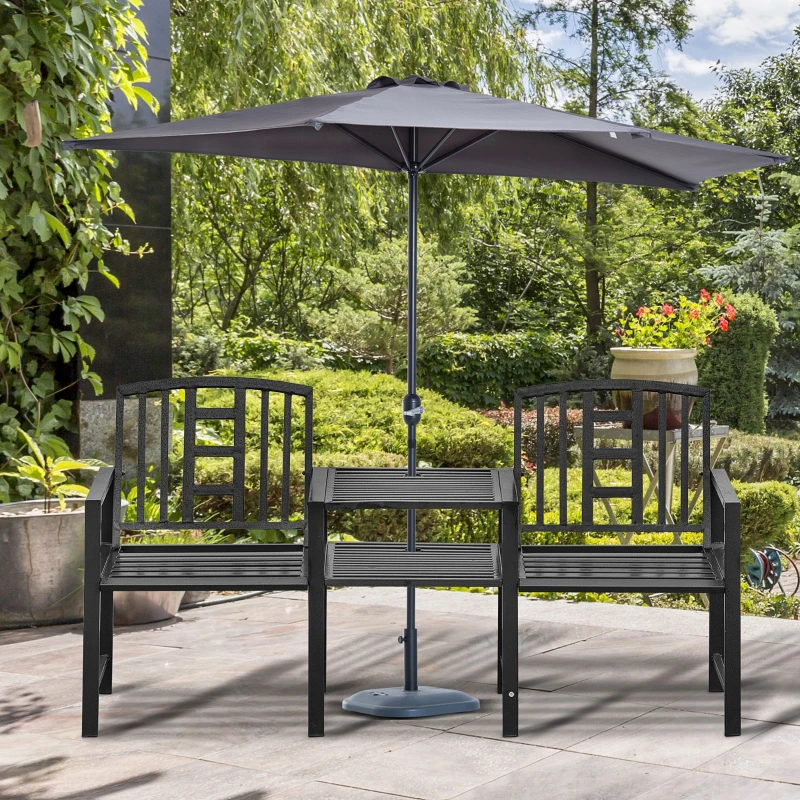 Outsunny Panchina da Giardino Moderna 2 Posti con Tavolino e Foro per Ombrellone Arredamento da Esterno 165x56x85.5cm Nero