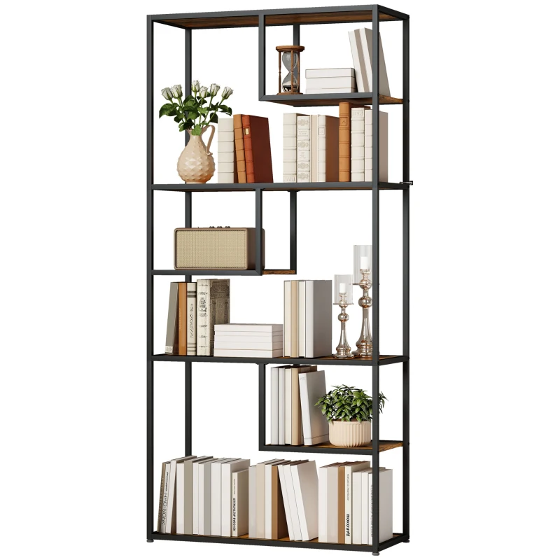 HOMCOM Bücherregal Wandregal Regal, Industrie-Design, 7 Regalböden, 83 cm x 34 cm x 180 cm, Braun + Schwarz