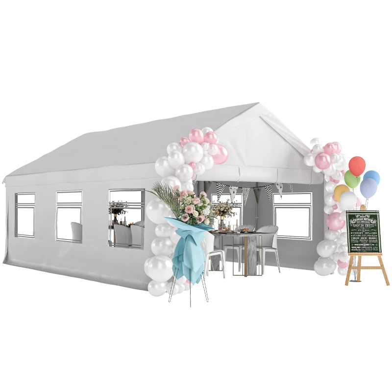 Outsunny Cort Petreceri, Pavilion Grădină cu Pereți Laterali, 2 Uși Fermoar și 6 Ferestre, 4x6 m, Oțel Galvanizat, Alb