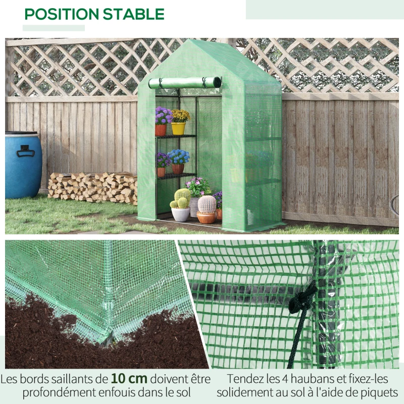 Outsunny Serre de Jardin avec Étagères 3 Niveaux, Petite Serre de Balcon en Bâche PE 140 g/㎡ Renforcée 141 x 72 x 191 cm, Vert