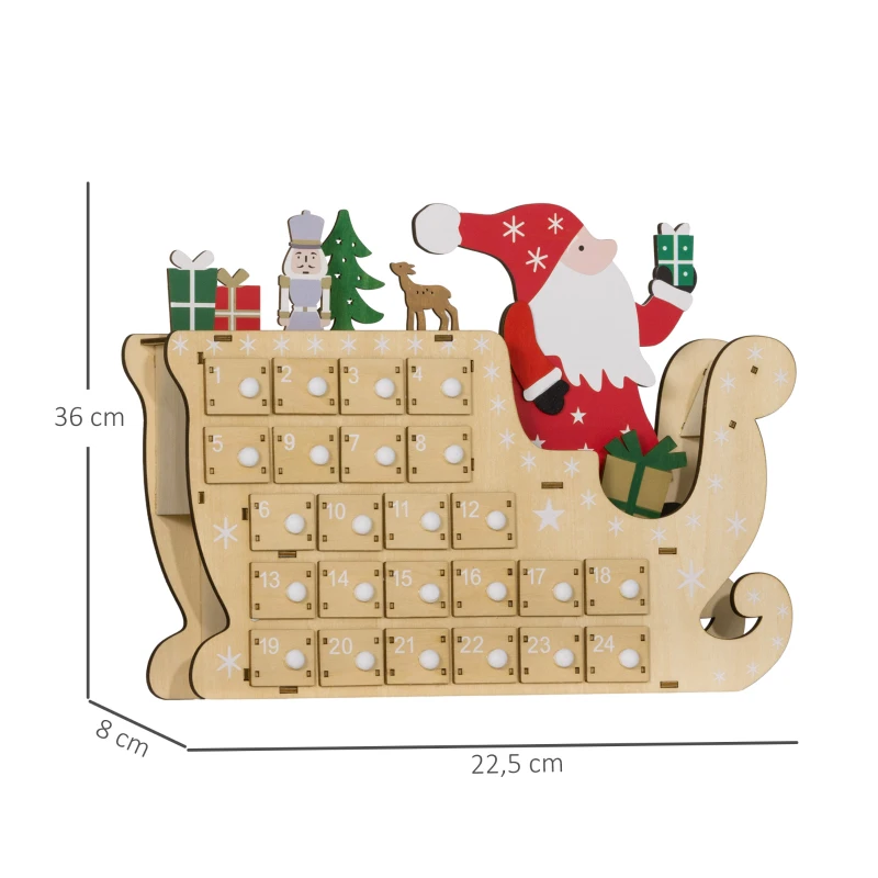 HOMCOM Calendario de Adviento de Madera con 24 Cajones Calendario de Navidad Reutilizable para Rellenar 22,5x8x36 cm Natural