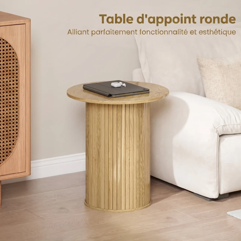 HOMCOM Table d'appoint ronde Ø 48 cm, table basse avec pieds cannelés pour salon, chambre ou petit espace, chêne