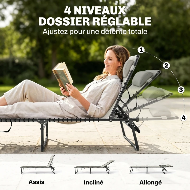 Outsunny Lot de 2 bain de soleil transat pliable dossier inclinable multi-positions acier lacets élastiques textilène crème