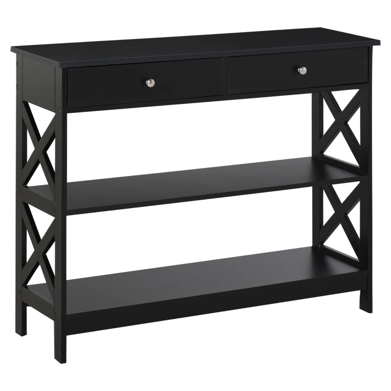 HOMCOM Table de console table d'entrée style table de drapier néo-rétro 2 tiroirs 2 étagères dim. 100L x 30,5l x 80H cm en bois noir