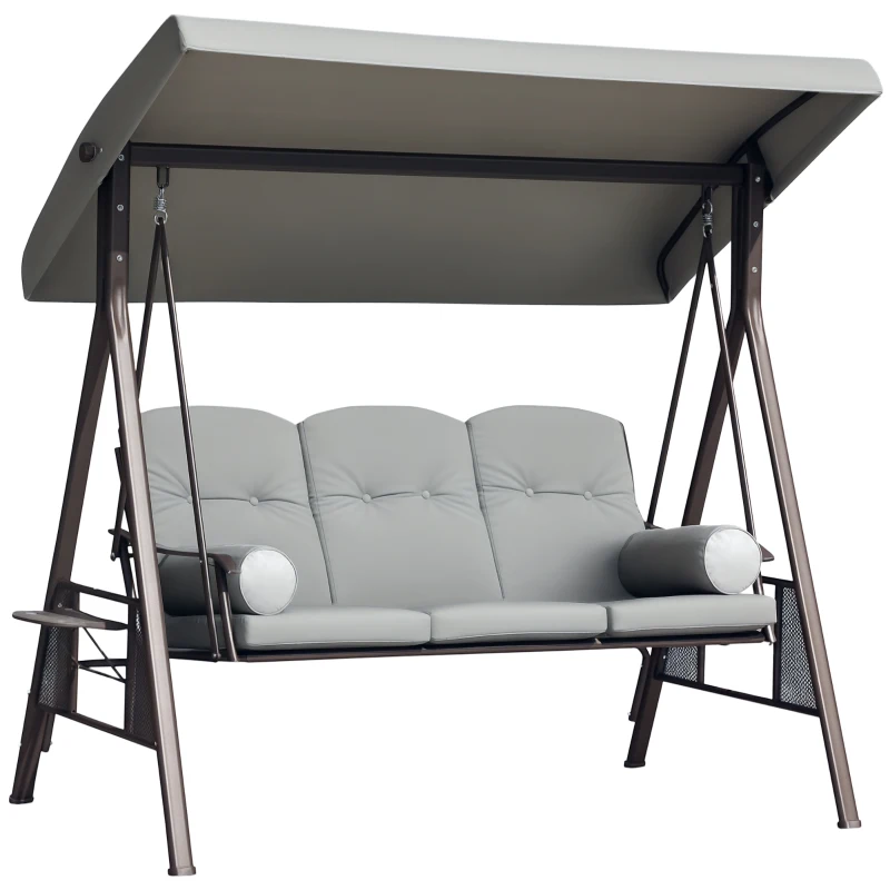Outsunny Balancelle de jardin 3 places toit inclinaison réglable coussins plateaux 116 x 206 x 183 cm polyester gris clair