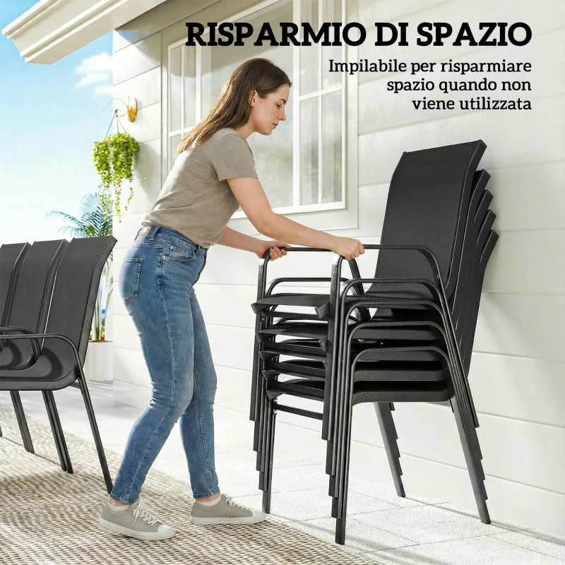 Outsunny Set da Esterno 9pz con 8 Sedie Impilabili in Texteline e Tavolino da Caffè con Piano in Vetro, Nero