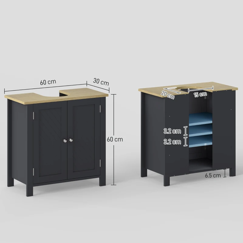 kleankin Mobile Sottolavabo in Truciolato e MDF a 2 Ante con Ripiano Interno Regolabile, 60x30x60 cm, Grigio