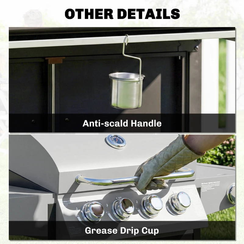Outsunny 4+1 Burner Gas BBQ Grill with Side Burner, 14.5 kW Steel Portable Gas Barbecue Grill with Built-in Thermometer, Lid