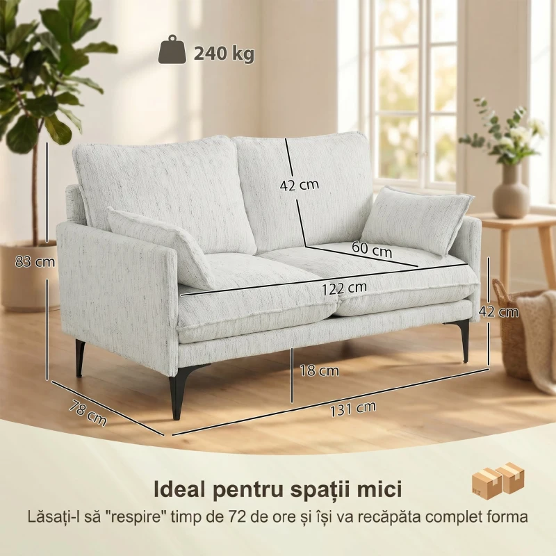 HOMCOM Canapea 2 Locuri cu Brațe, Perne Groase și 2 Perne, 131x78x83 cm, Alb