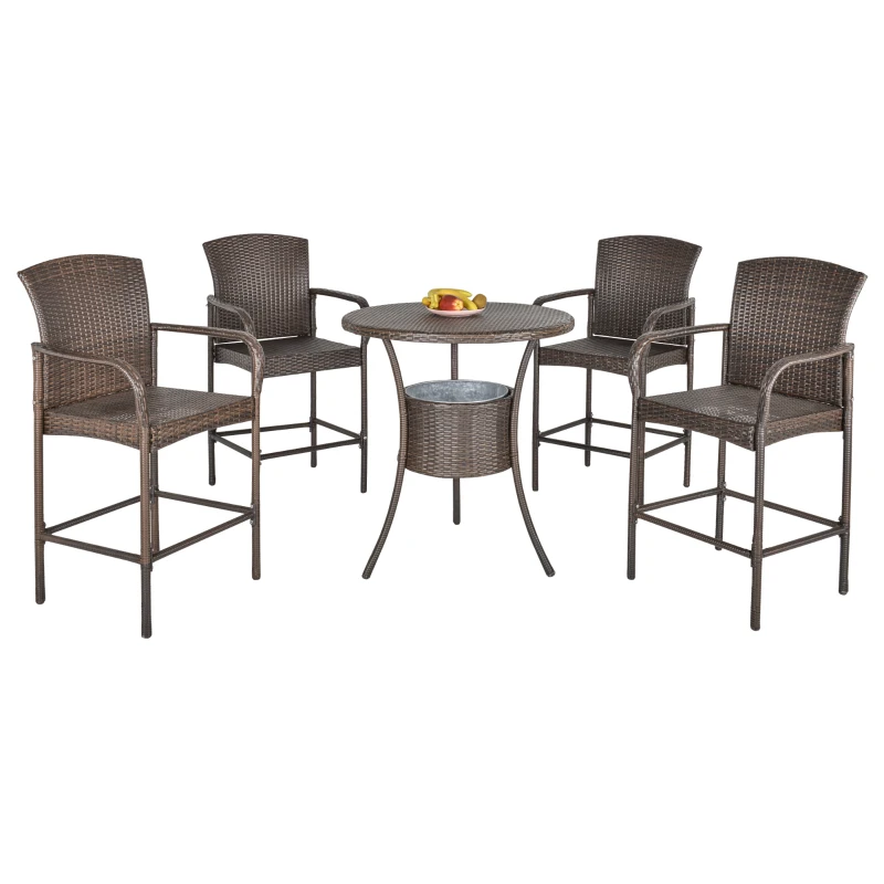 Outsunny Set 5 Pezzi Tavolino con 4 Sedie da Giardino Alte in Rattan Sintetico con Secchiello per Ghiaccio, Marrone