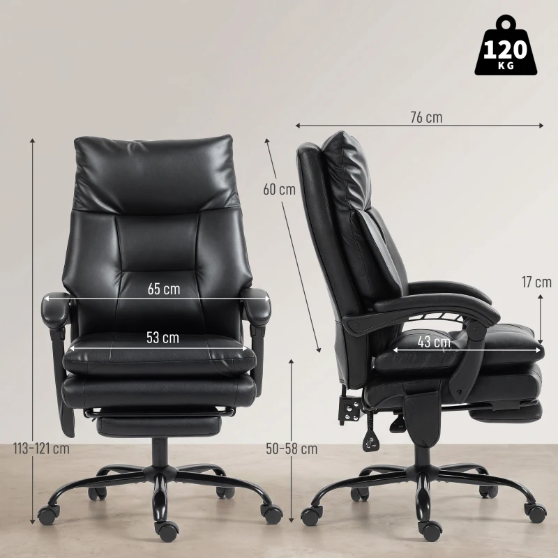 HOMCOM Silla de Escritorio con Soporte Lumbar Inflable Tapizada en PU Reposapiés Respaldo Reclinable Altura Ajustable Negro