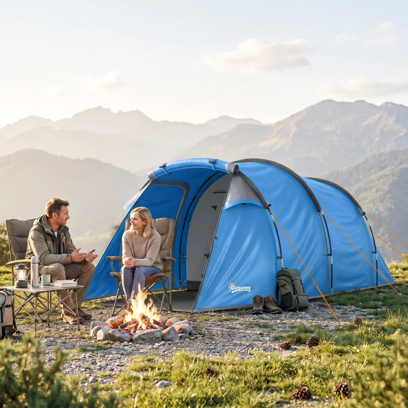 Outsunny 2 Room Tent with Vestibule, Weather-Resistant Camping Tent with Air Vents for Fishing Hiking, Sky Blue