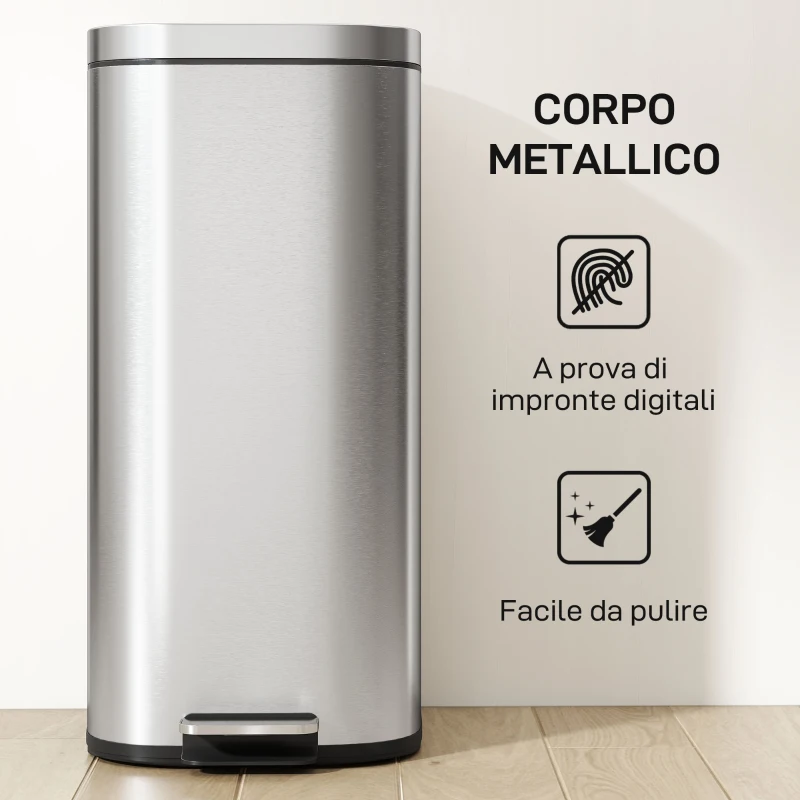 HOMCOM Bidone Immondizia a Pedale da 30L con Secchio Rimovibile, in Metallo e PP, 29x36x59.5 cm, Argento