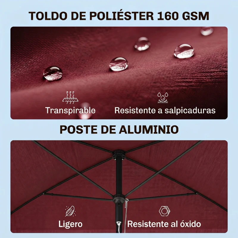 Outsunny Sombrilla de Terraza de Aluminio 2x1,3x2,5 m Parasol de Jardín Rectangular con Función de Inclinación Rojo Vino