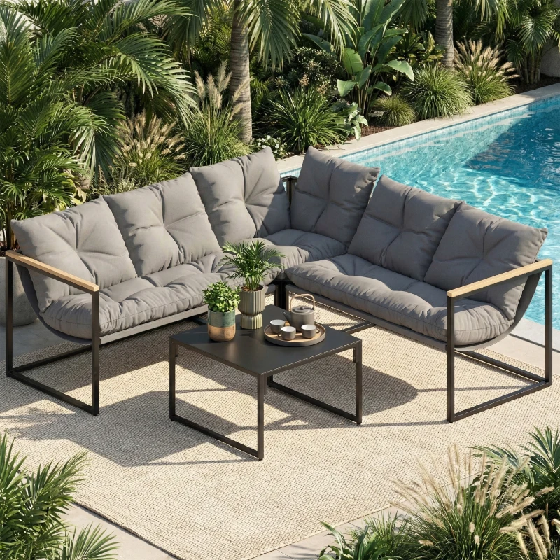 Outsunny Conjunto de Jardín Exterior con Cojines Gruesos 2 Sofás de 2 Plazas Sofá de Esquina y Mesa de Centro de Vidrio Gris