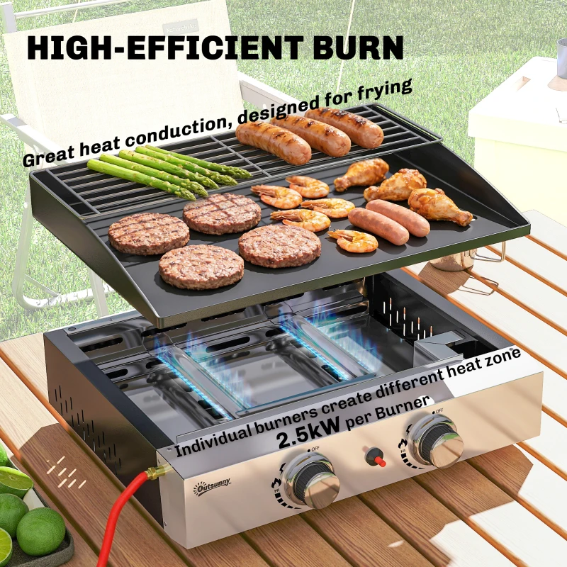 Outsunny 2 Burner Grill Griddle, Portable Gas Plancha with Warming Rack, 5 kW, Tabletop Gas BBQ with Grease Cup, Black
