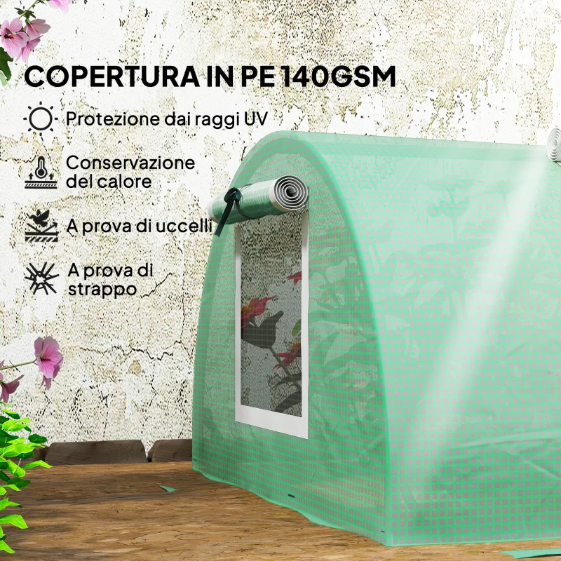 Outsunny Serra Piccola con 5 Finestrelle e Griglia Centrale, in Acciaio, PE e PP, 300x80x45 cm, Verde