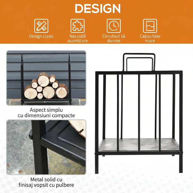 Outsunny Suport pentru lemne de foc, greutate maximă 25kg, pentru interior și exterior, cu 2 mânere, din metal, 44.5x33x46.5 cm, negru