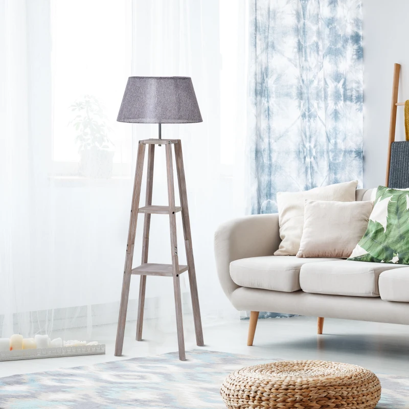 HOMCOM Lampă de podea din lemn cu 3 rafturi și abajur din material textil, 45x45x148cm, gri