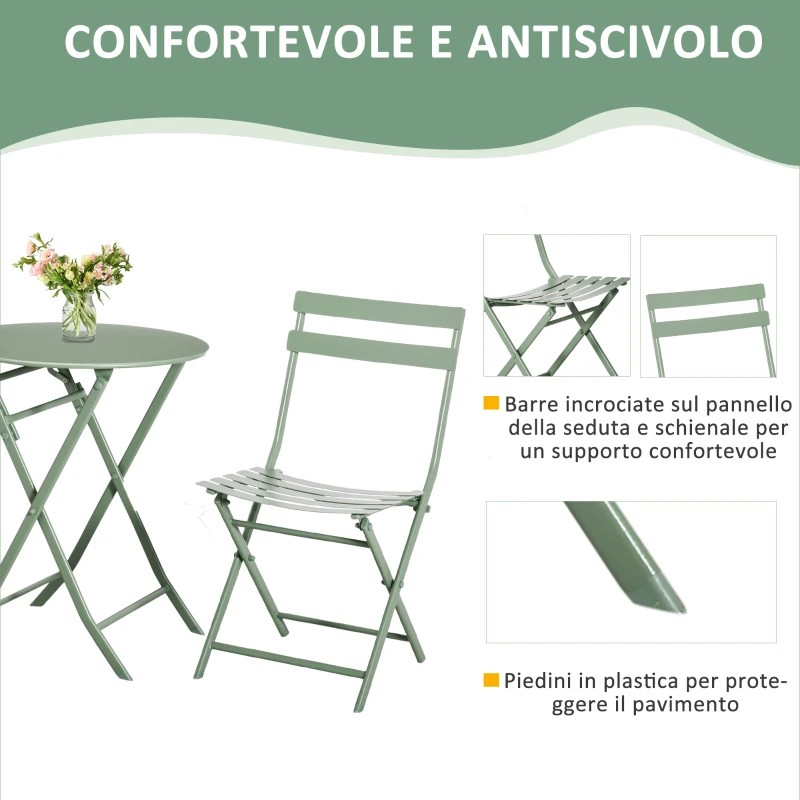 Outsunny Set da Giardino 3 Pezzi Pieghevoli in Acciaio, 2 Sedie 42x50x81 cm e Tavolino Ø60x71 cm, Verde