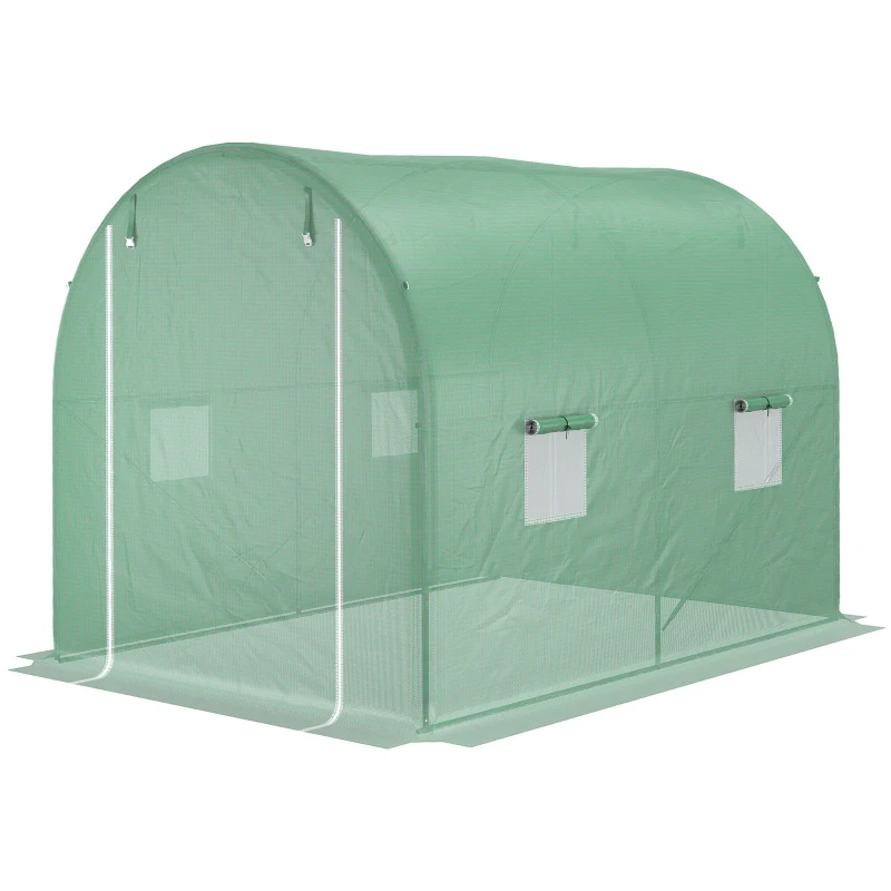 Outsunny Estufa Túnel para Jardim Área ao Solo 6 m² 3L x 2l x 2,10H m Estrutura Tubular Reforçada Porta com Zíper 4 Janelas Enroláveis Estrutura Metálica Verde