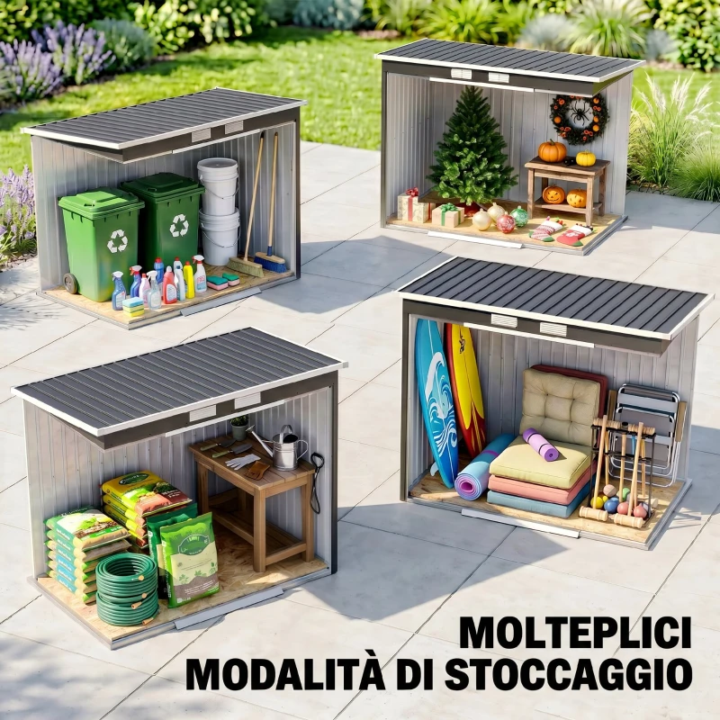 Outsunny Capanno Attrezzi con Tetto Inclinato, 2 Ingressi e Prese d'Aria, in Acciaio, 213x130x172 cm, Grigio Scuro