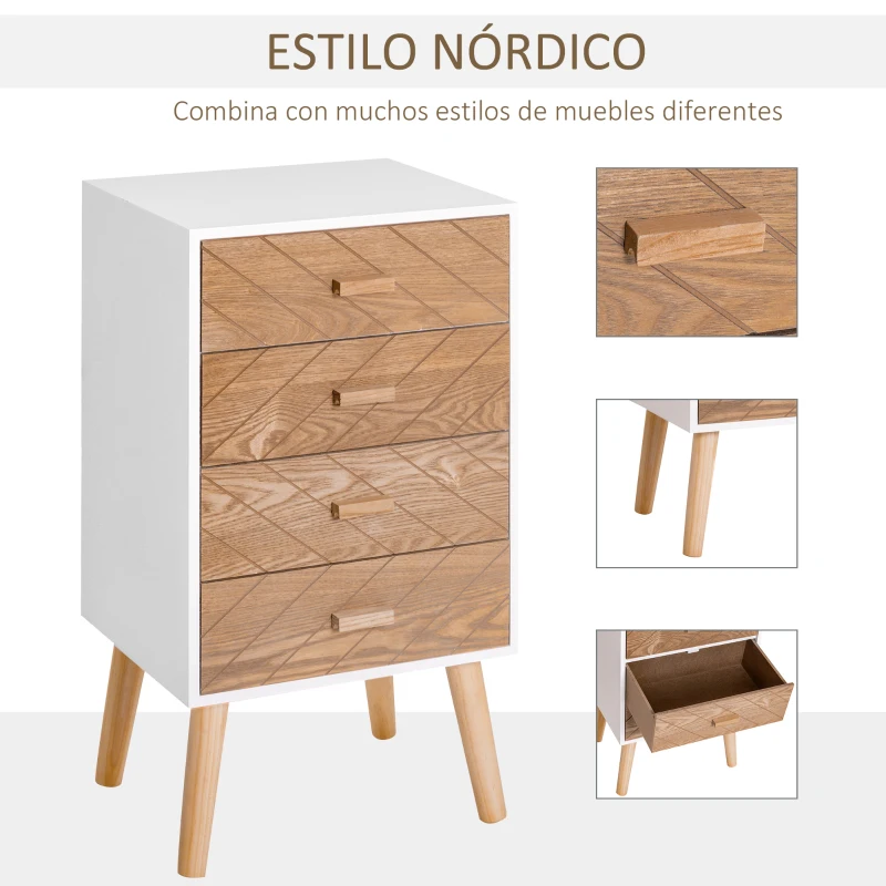 HOMCOM Cómoda con 4 Cajones Cómoda de Dormitorio Mesita de Noche con Patas Elevadas para Salón 40x30x75 cm Blanco y Natural