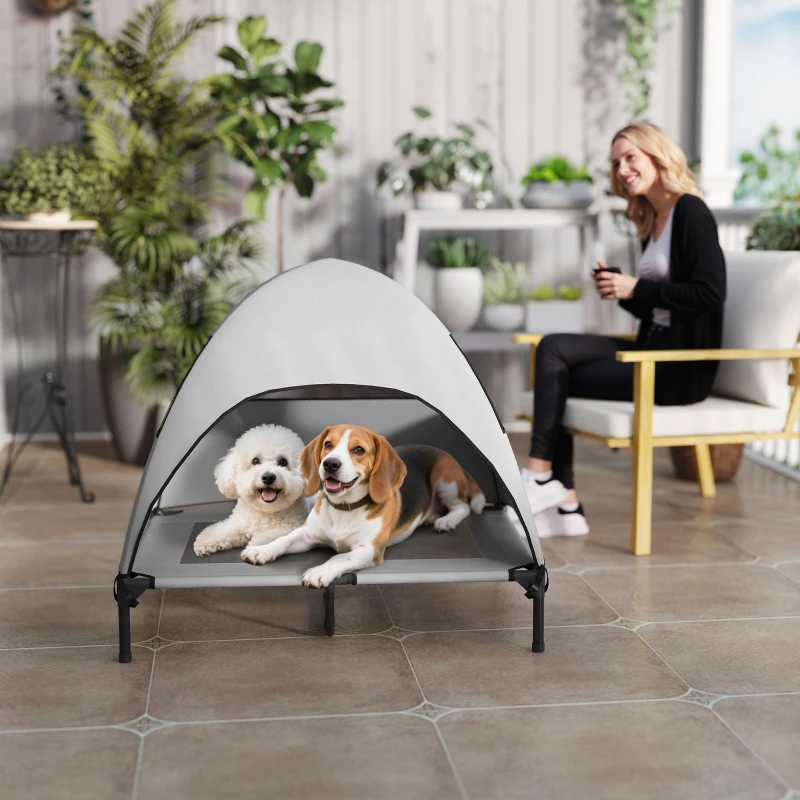 PawHut Cama Exterior para Cães com Dossel Cama Elevada para Cães Grandes 91x76x90 cm Cinza Claro