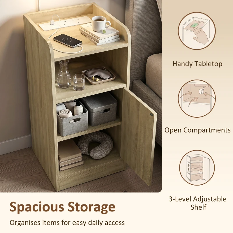 HOMCOM Slim Bedside Table Set of 2 with Charging Station, Narrow Bedside Cabinet with Adjustable Shelf, Oak