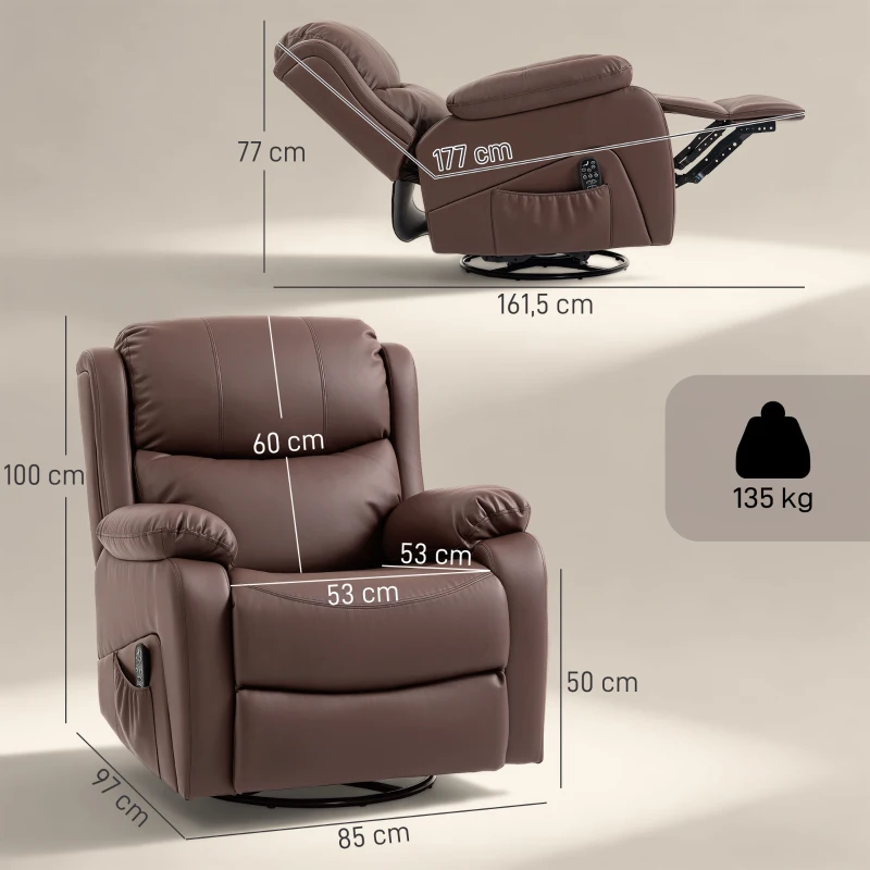 HOMCOM Poltrona Relax Reclinabile con 8 Punti Massaggianti, Riscaldanti e Poggiapiedi, 87x97X100 cm, Marrone