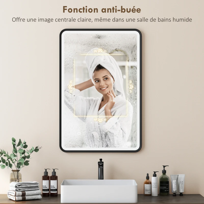 HOMCOM Miroir salle de bain avec éclairage 90 x 60 cm, miroir LED mural, anti-buée, 3 couleurs lumière, dimmable, noir