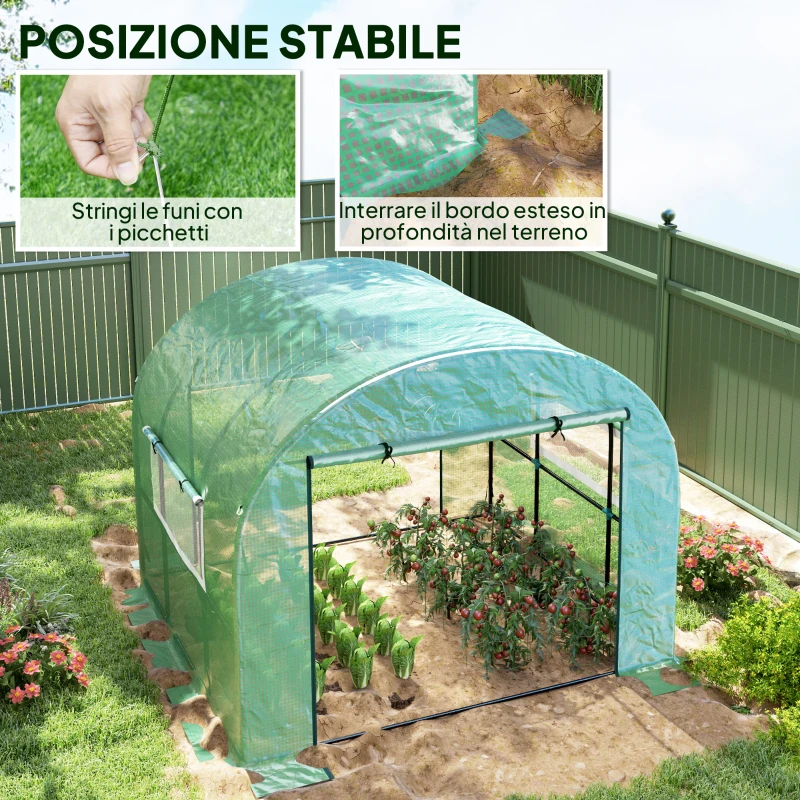 Outsunny Serra a Tunnel per Orto 3x3x2 m in Acciaio e PE Anti UV con Porte Avvolgibili e Finestre, Verde